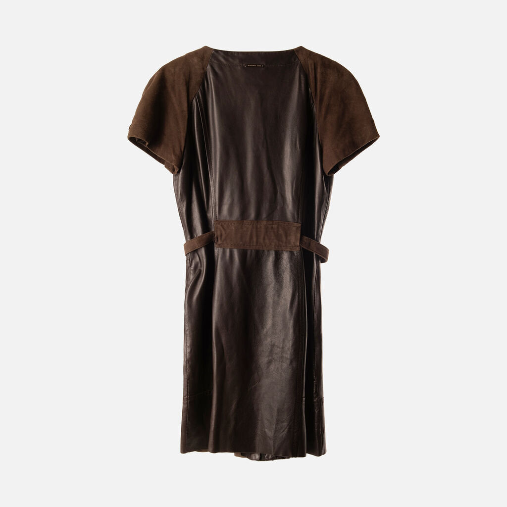 Sportmax Brown Lamb Leather & Suede Belted Dress