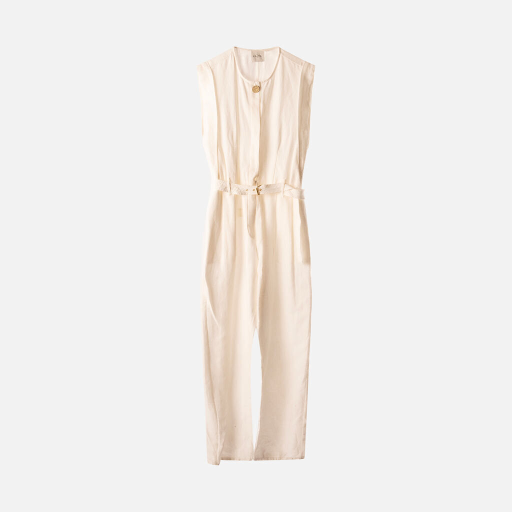 Le Kasha White Linen Belted Jumpsuit