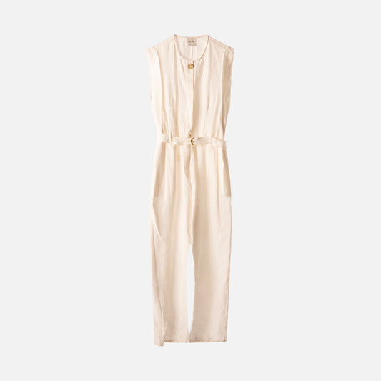 Le Kasha White Linen Belted Jumpsuit