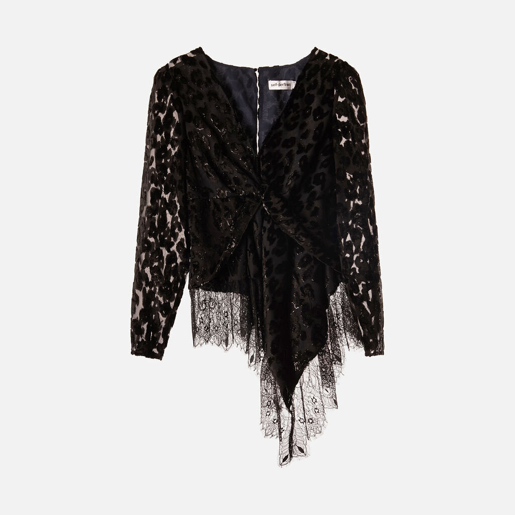Self portrait Black Textured Crepe Asymmetrical Lace Trim