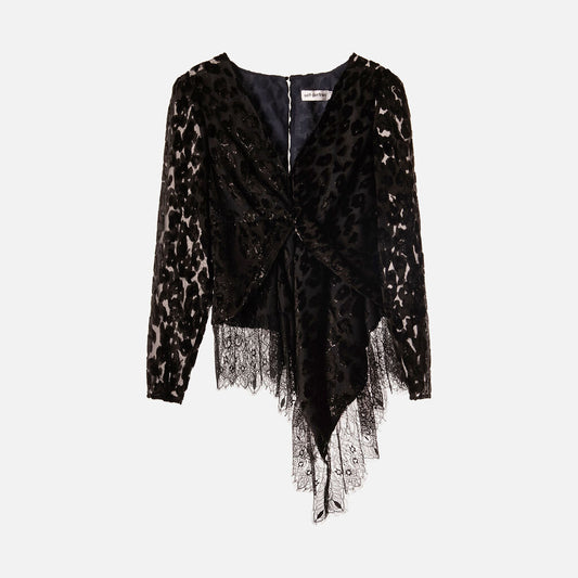 Self portrait Black Textured Crepe Asymmetrical Lace Trim