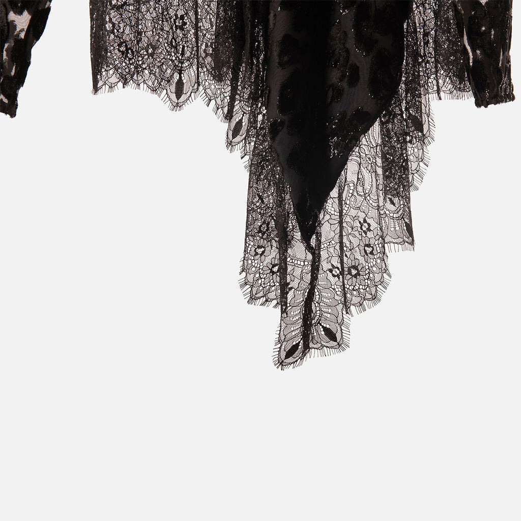 Self portrait Black Textured Crepe Asymmetrical Lace Trim