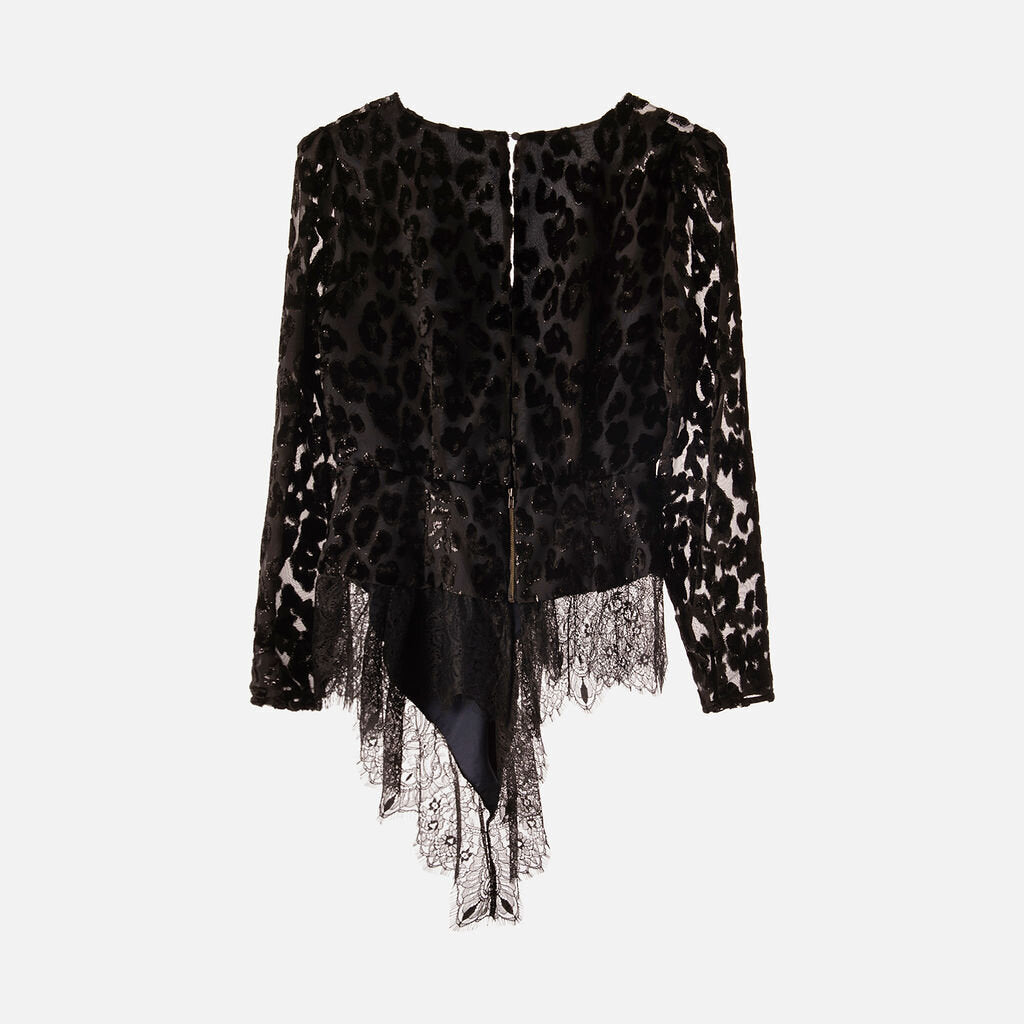 Self portrait Black Textured Crepe Asymmetrical Lace Trim