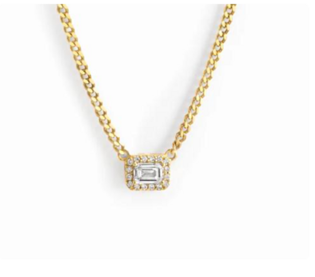 Halo Emerald Cut Necklace Cuban Chain YG