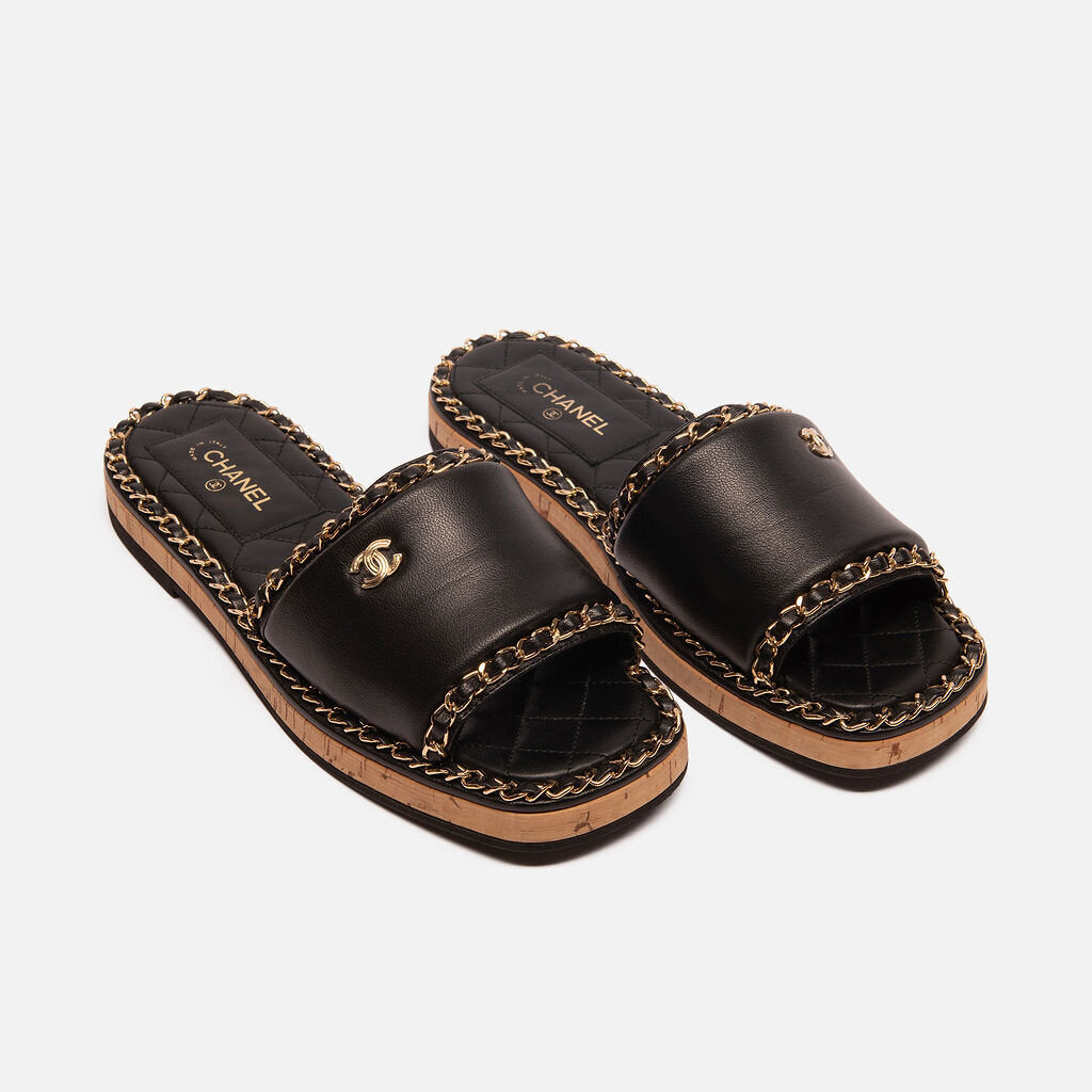 Chanel Black Quilted Leather Chain Slides