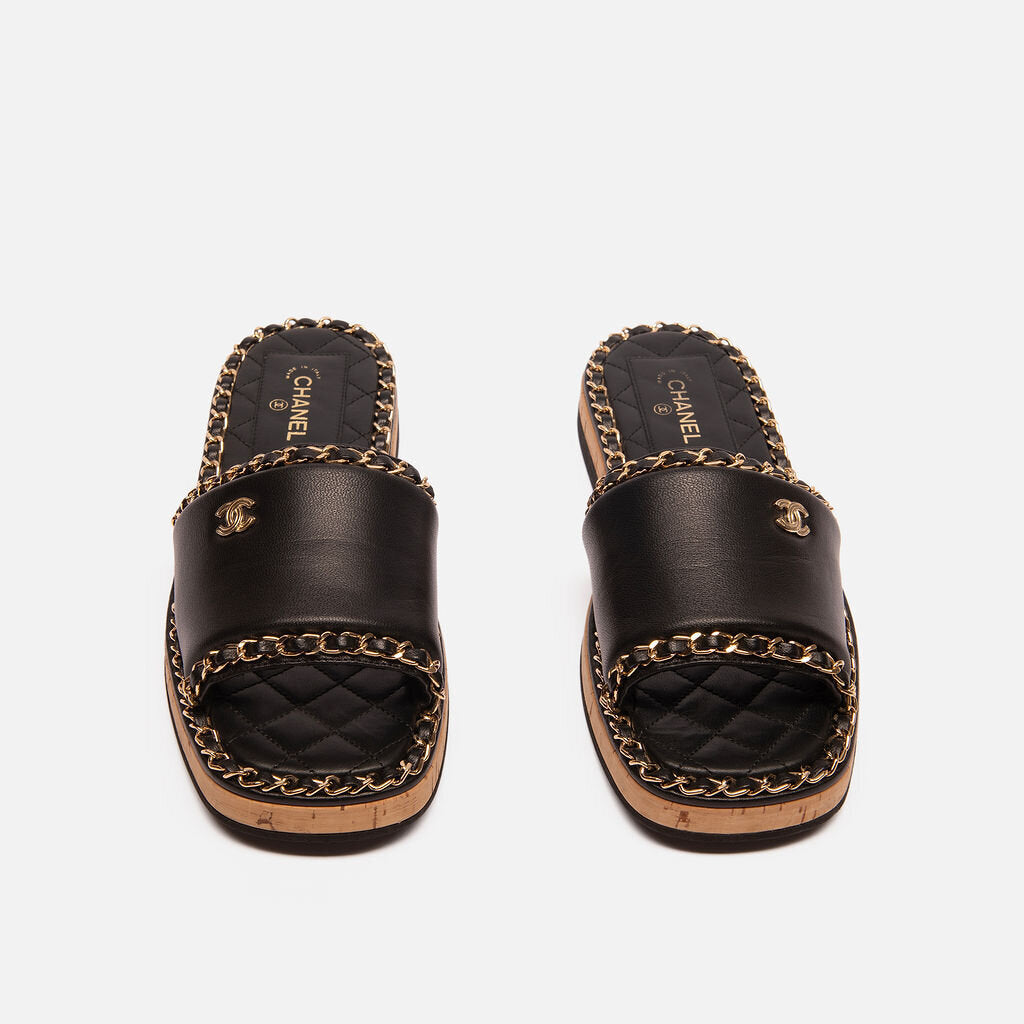 Chanel Black Quilted Leather Chain Slides