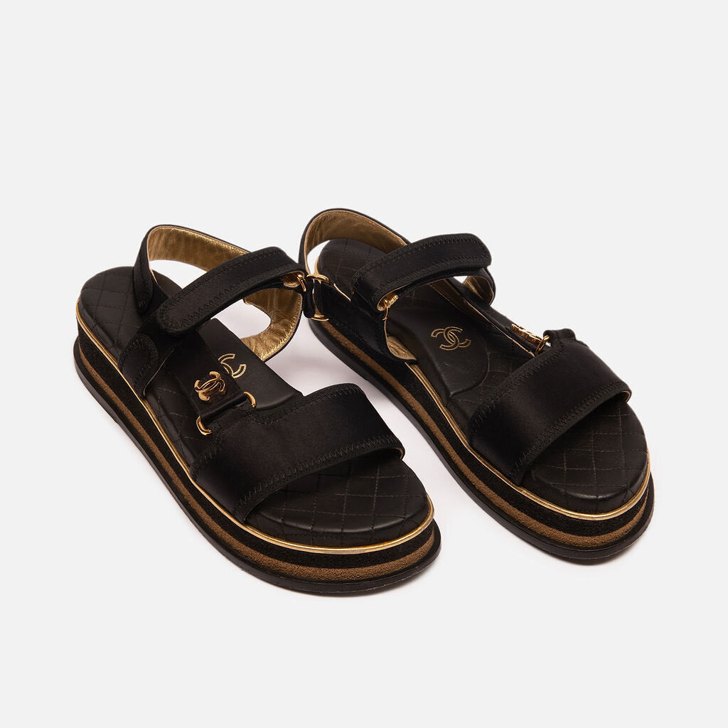Chanel Black/Gold Satin Dad Sandal