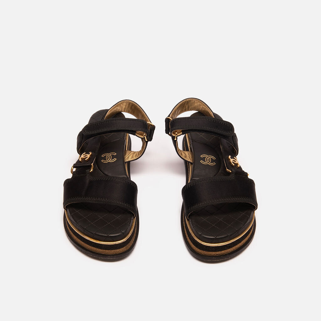 Chanel Black/Gold Satin Dad Sandal