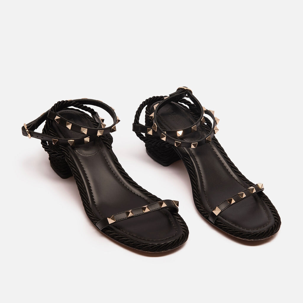 Valentino Black Rope Rockstud Sandal Heel