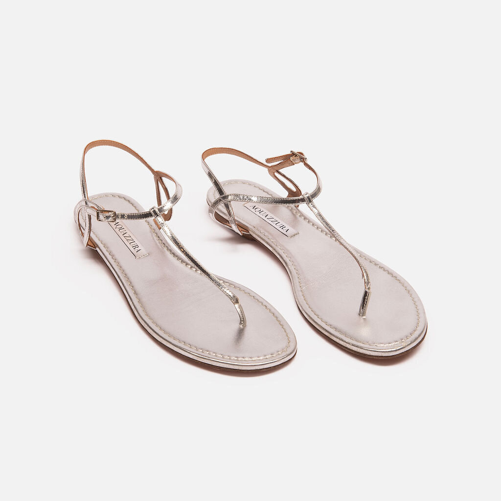 Aquazzura Silver Leather T Strap Sandals