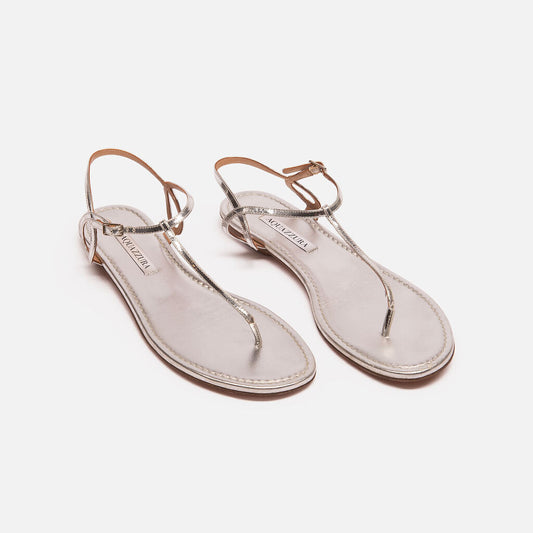Aquazzura Silver Leather T Strap Sandals