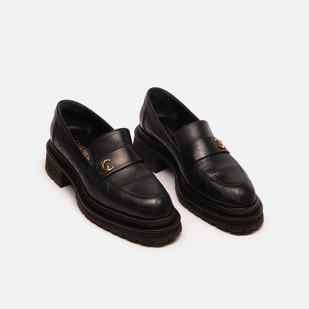 Chanel Navy Quilted Leather Platform Loafers