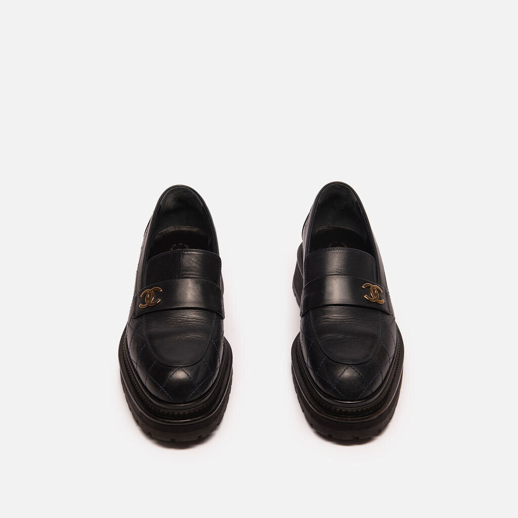Chanel Navy Quilted Leather Platform Loafers