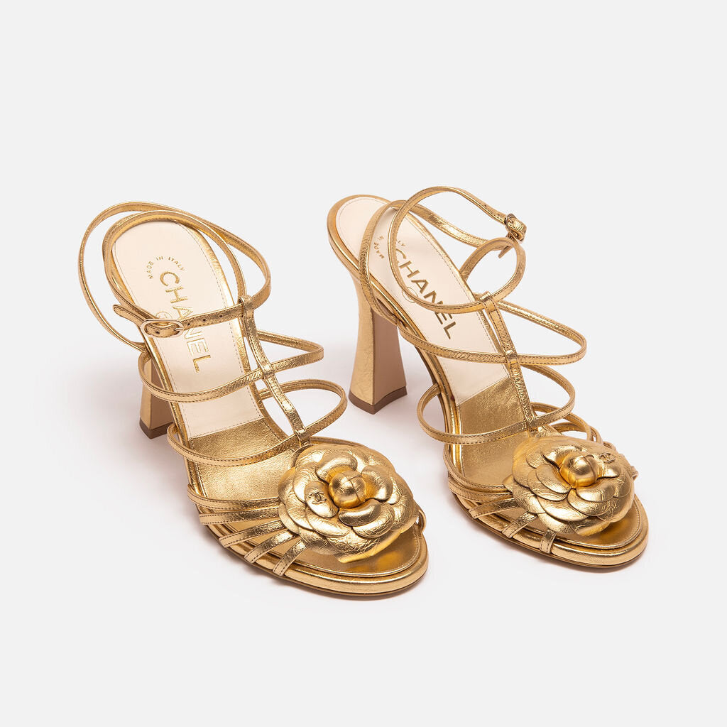 Chanel Gold Camellia Heeled Sandals