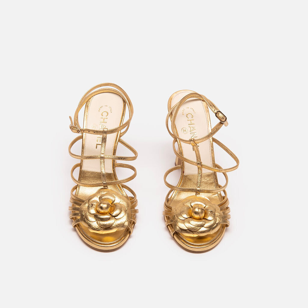 Chanel Gold Camellia Heeled Sandals