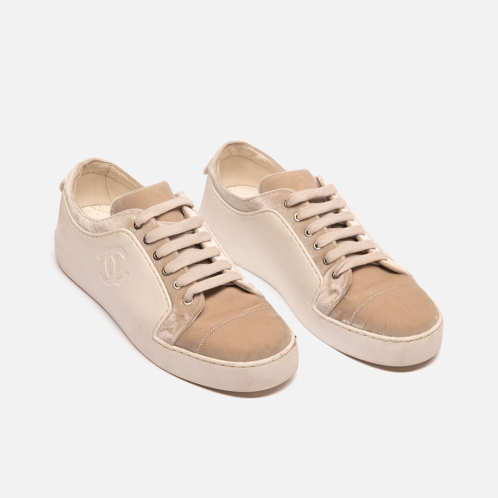 Chanel White Bone Rubber & Velvet Sneakers