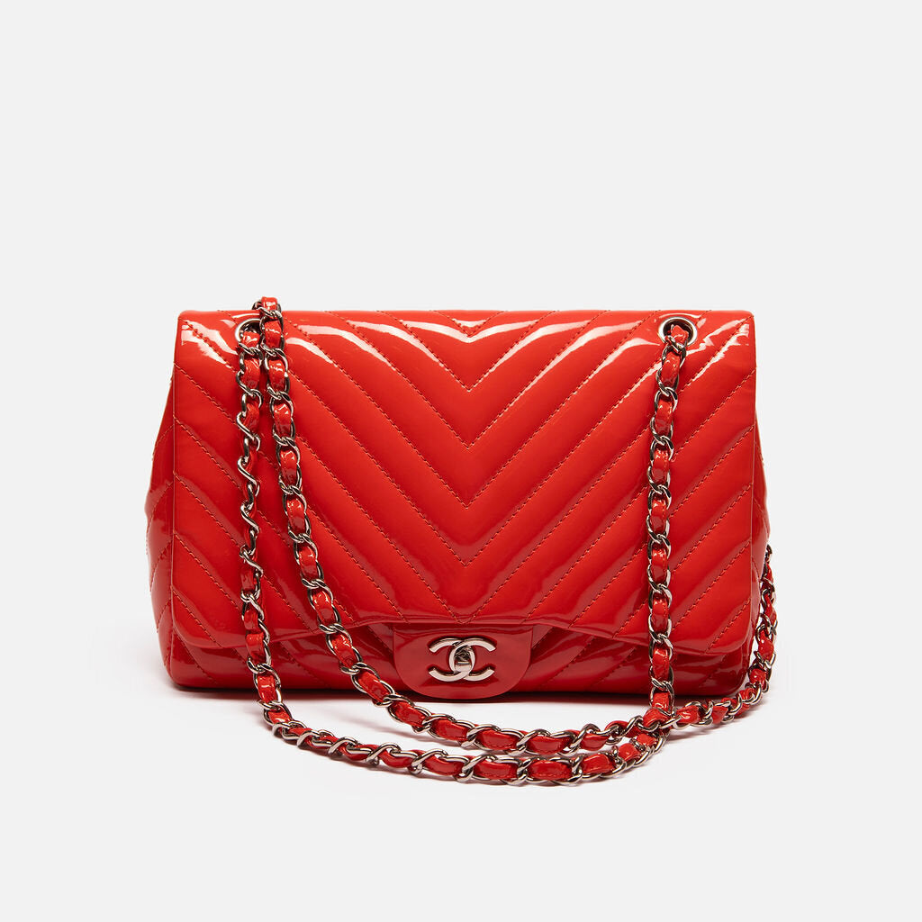 Chanel Red Patent Chevron Quilted Silver HW Bag