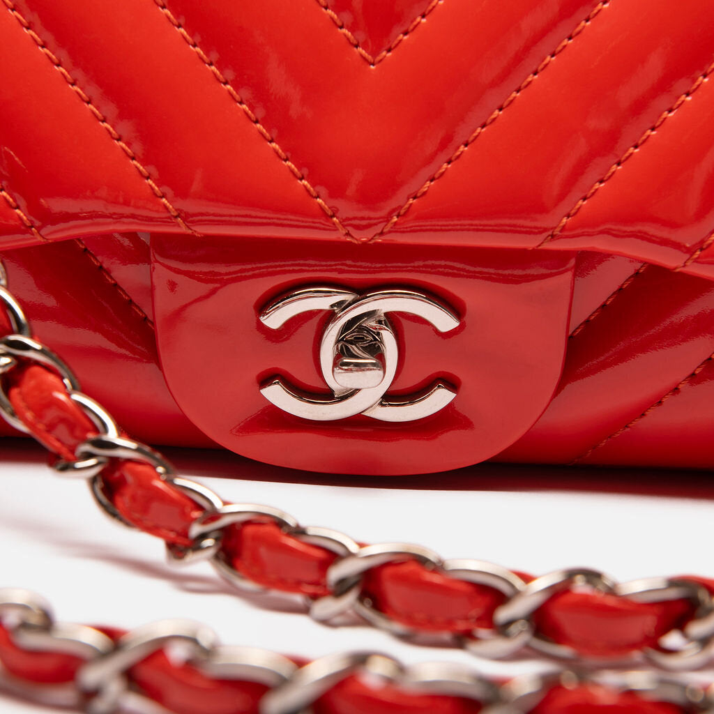 Chanel Red Patent Chevron Quilted Silver HW Bag
