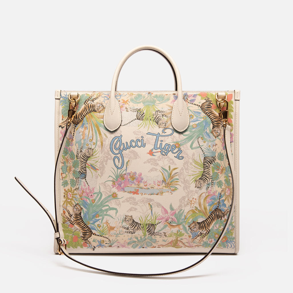 Gucci White Leather "Gucci Tiger" Printed Medium Tote