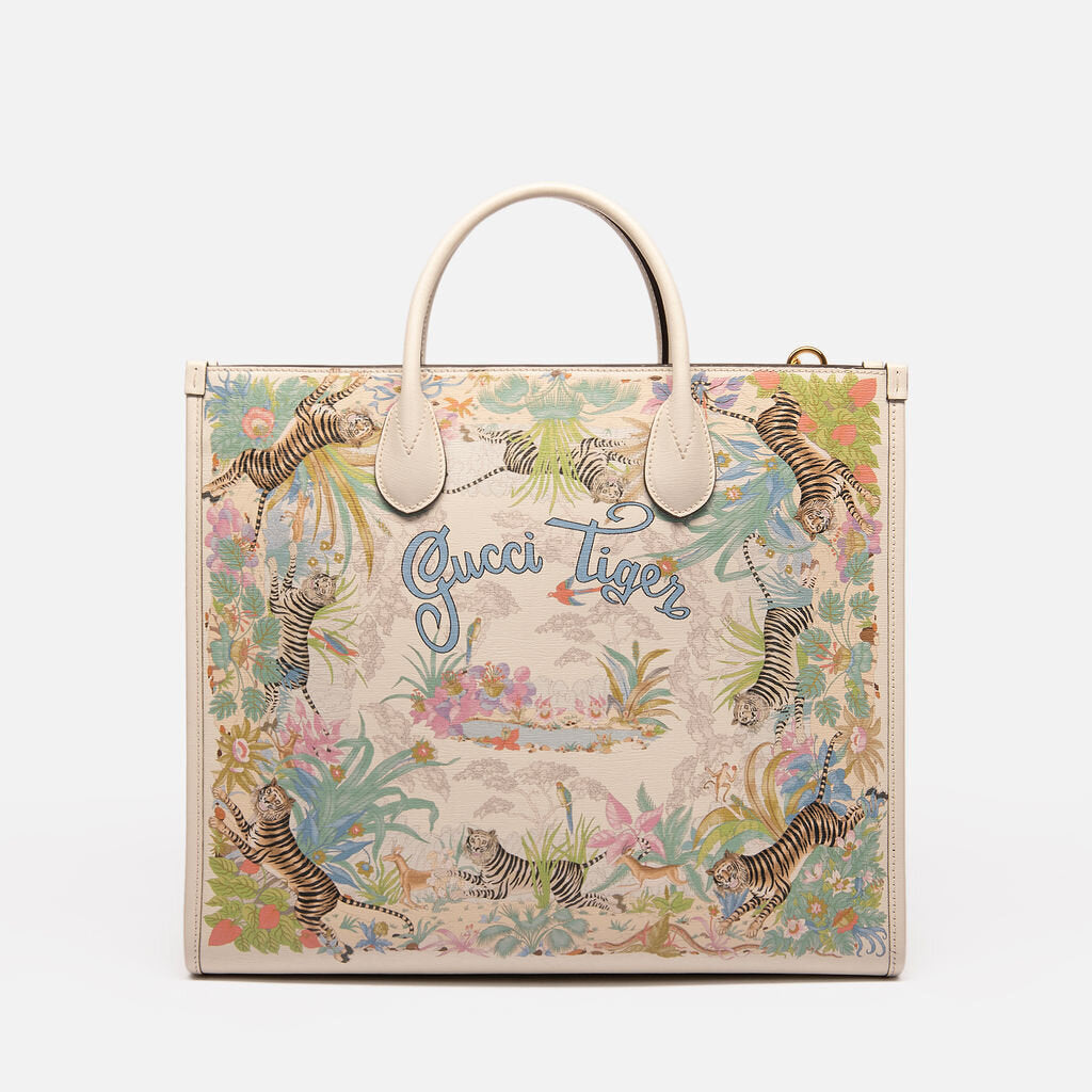 Gucci White Leather "Gucci Tiger" Printed Medium Tote