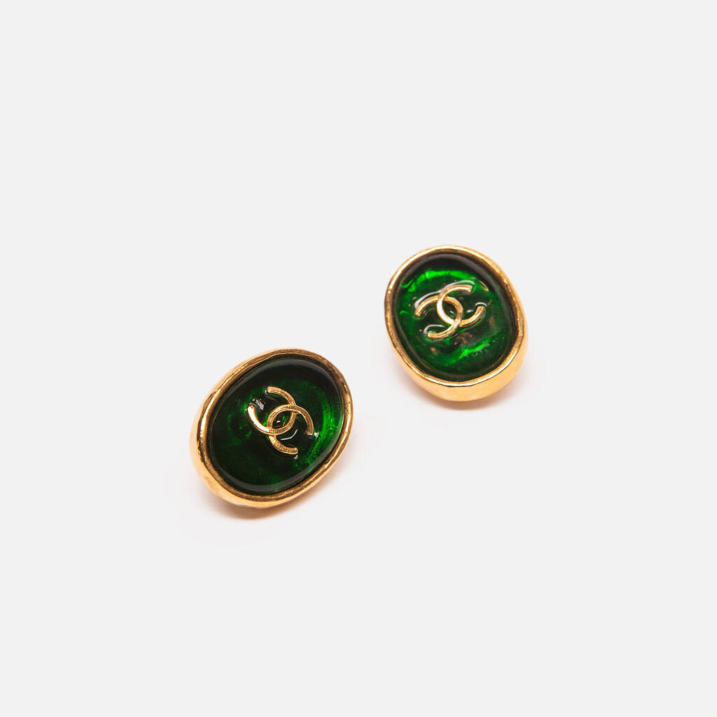 Chanel Gold & Green Coco Mark Oval Clip Earrings