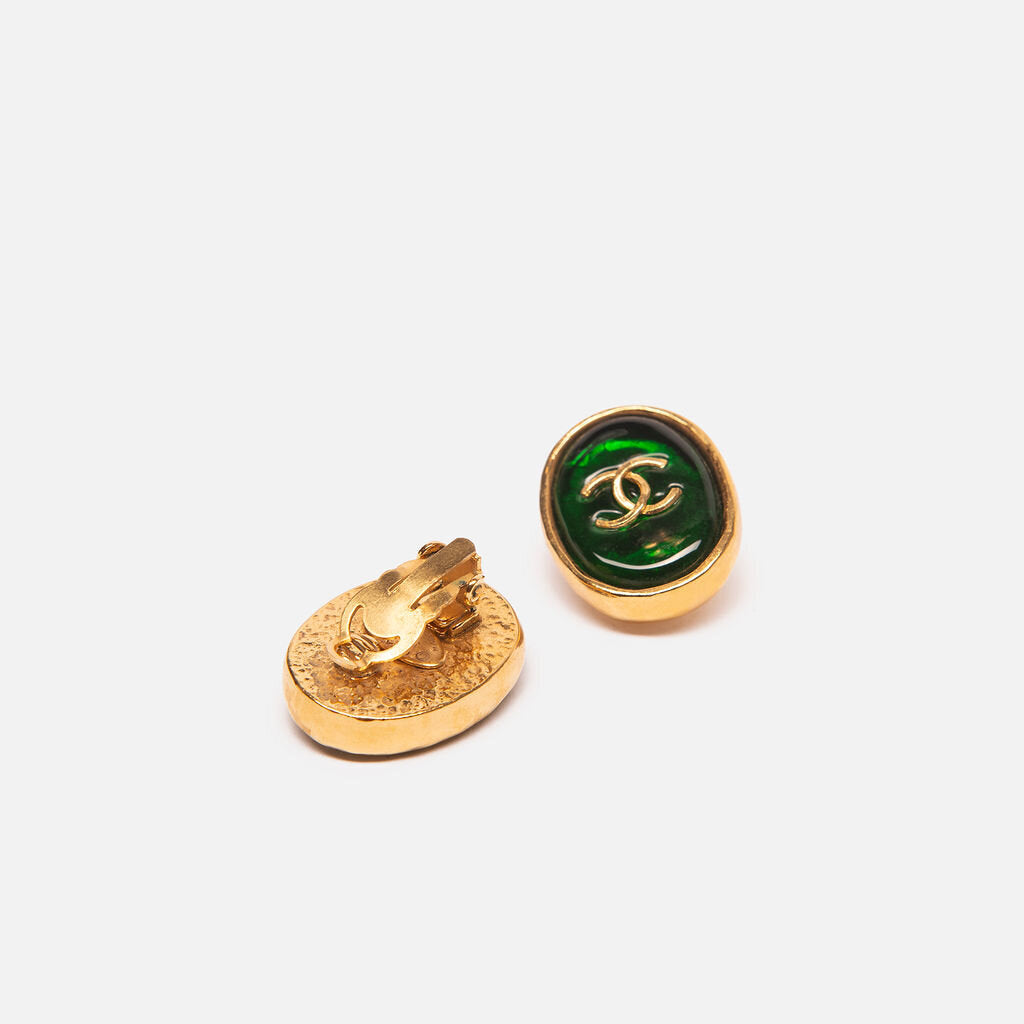 Chanel Gold & Green Coco Mark Oval Clip Earrings