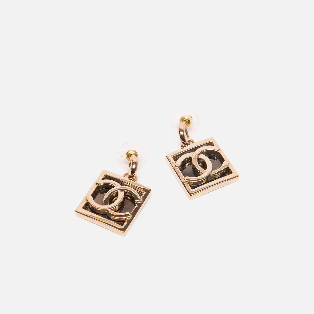 Chanel Gold Tone Square CC Drop Earrings