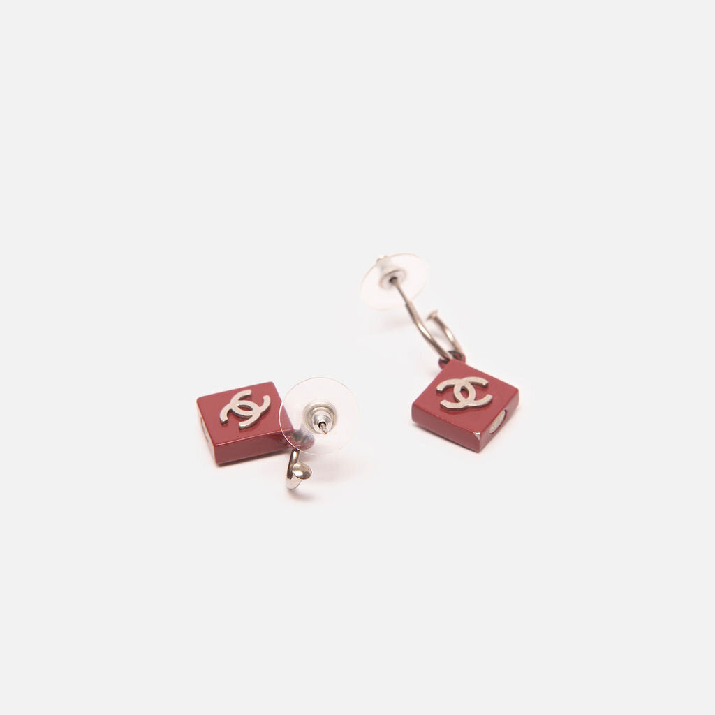 Chanel Red Diamond-Shape CC Earrings