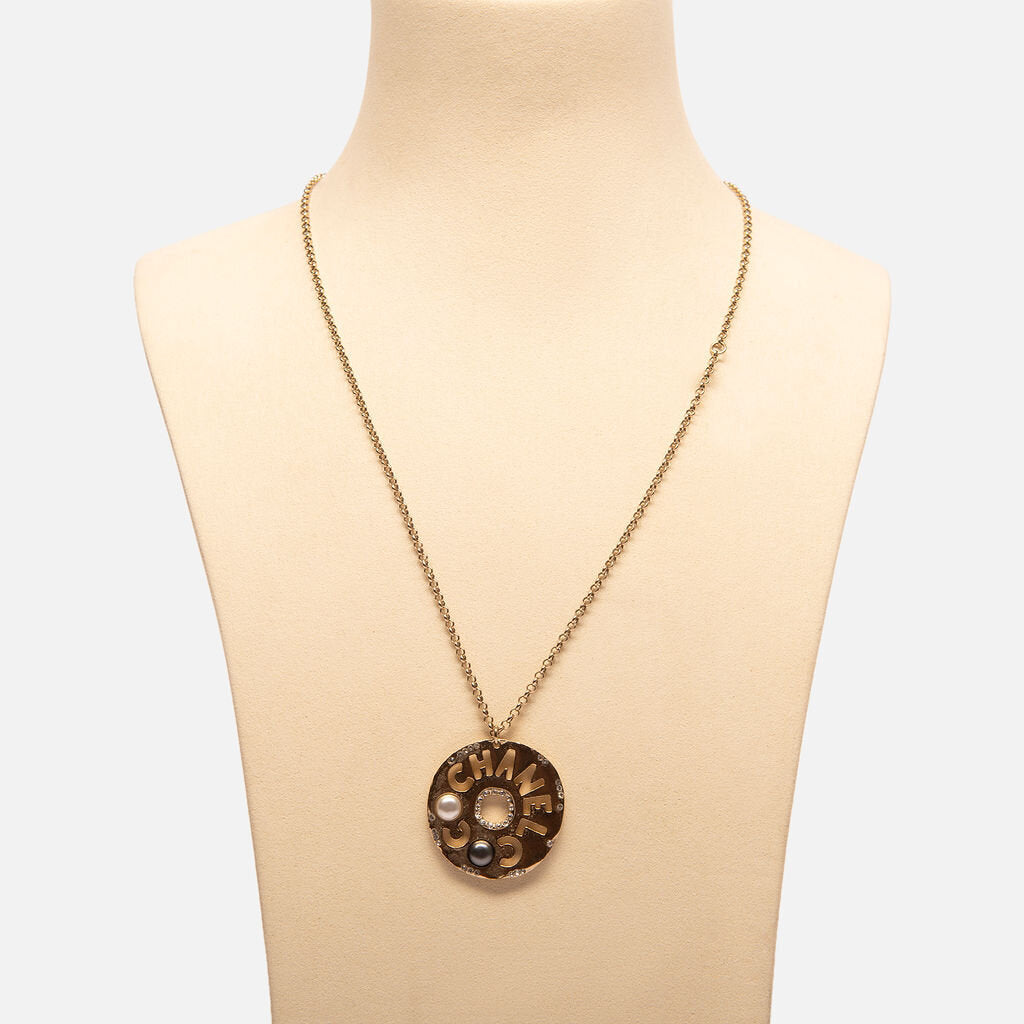 Chanel Gold Tone Crystal & Faux Pearl Pendant Necklace