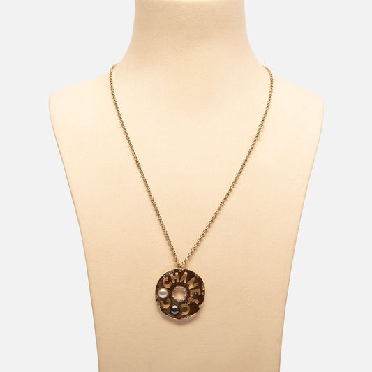 Chanel Gold Tone Crystal & Faux Pearl Pendant Necklace