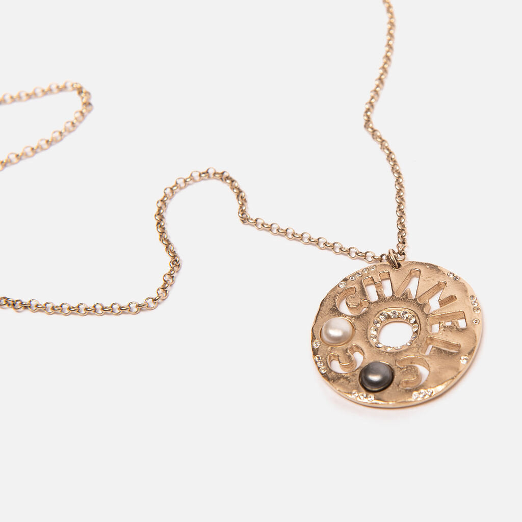 Chanel Gold Tone Crystal & Faux Pearl Pendant Necklace