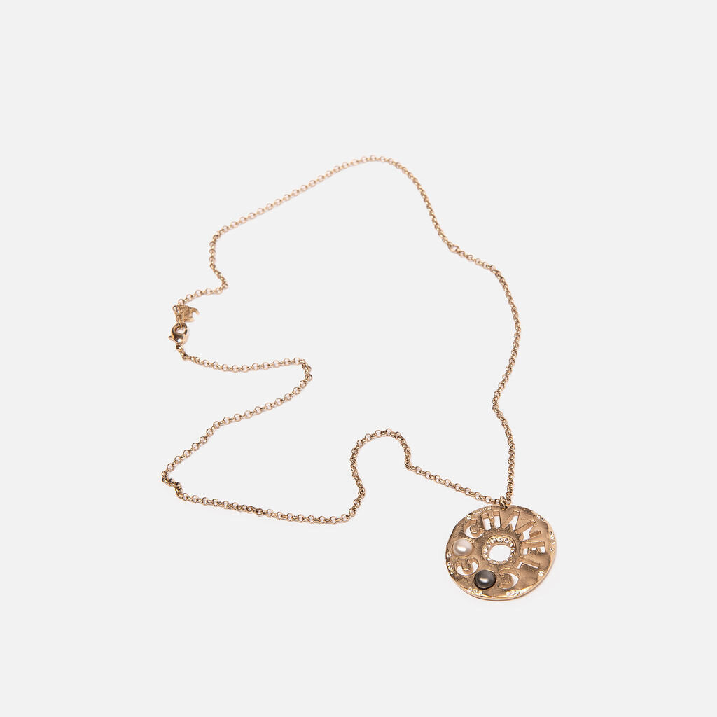 Chanel Gold Tone Crystal & Faux Pearl Pendant Necklace