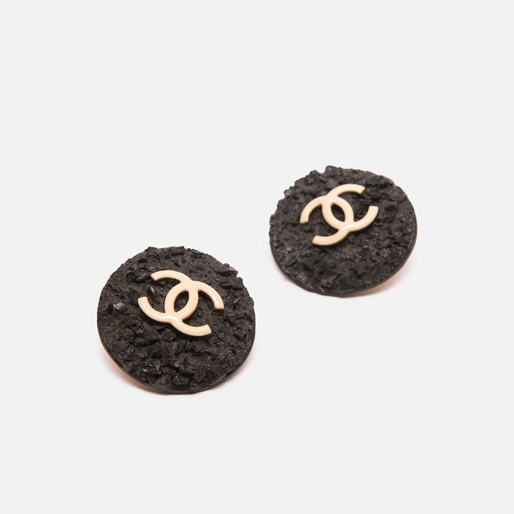 Chanel B&W Textured Resin Button CC Earrings