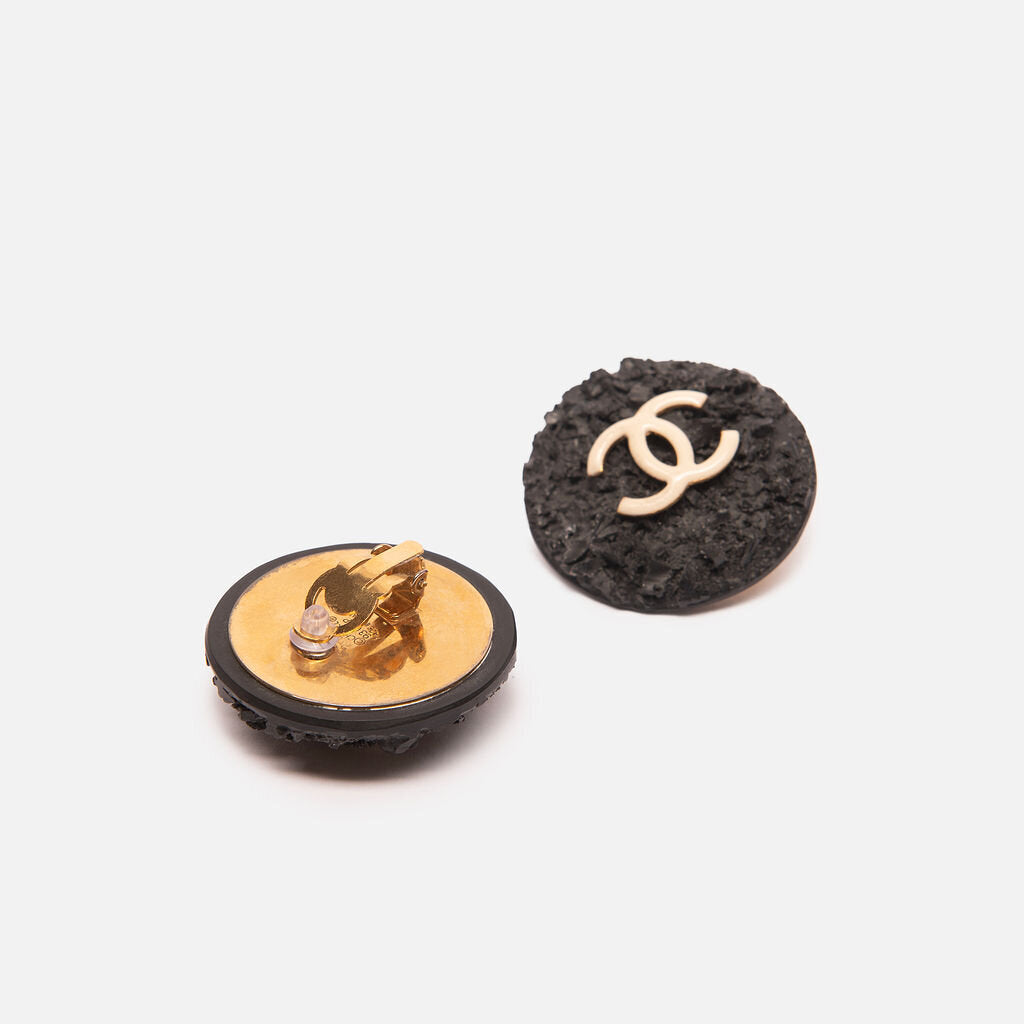 Chanel B&W Textured Resin Button CC Earrings