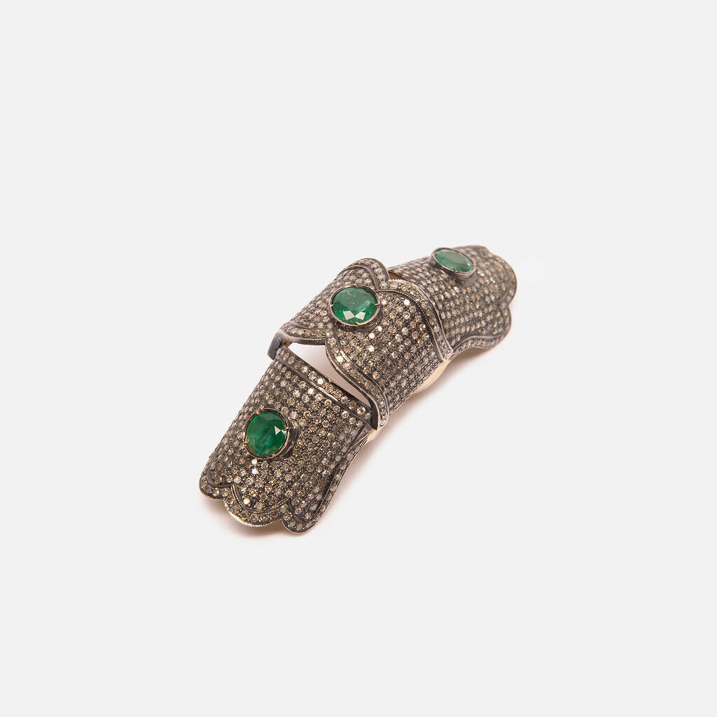 Vintage Oxidized Sterling & Gold Pave Diamond Knuckle Ring with Emerald Accents