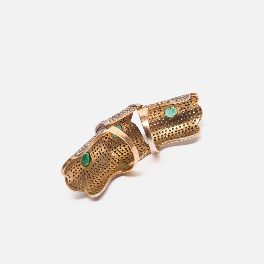 Vintage Oxidized Sterling & Gold Pave Diamond Knuckle Ring with Emerald Accents