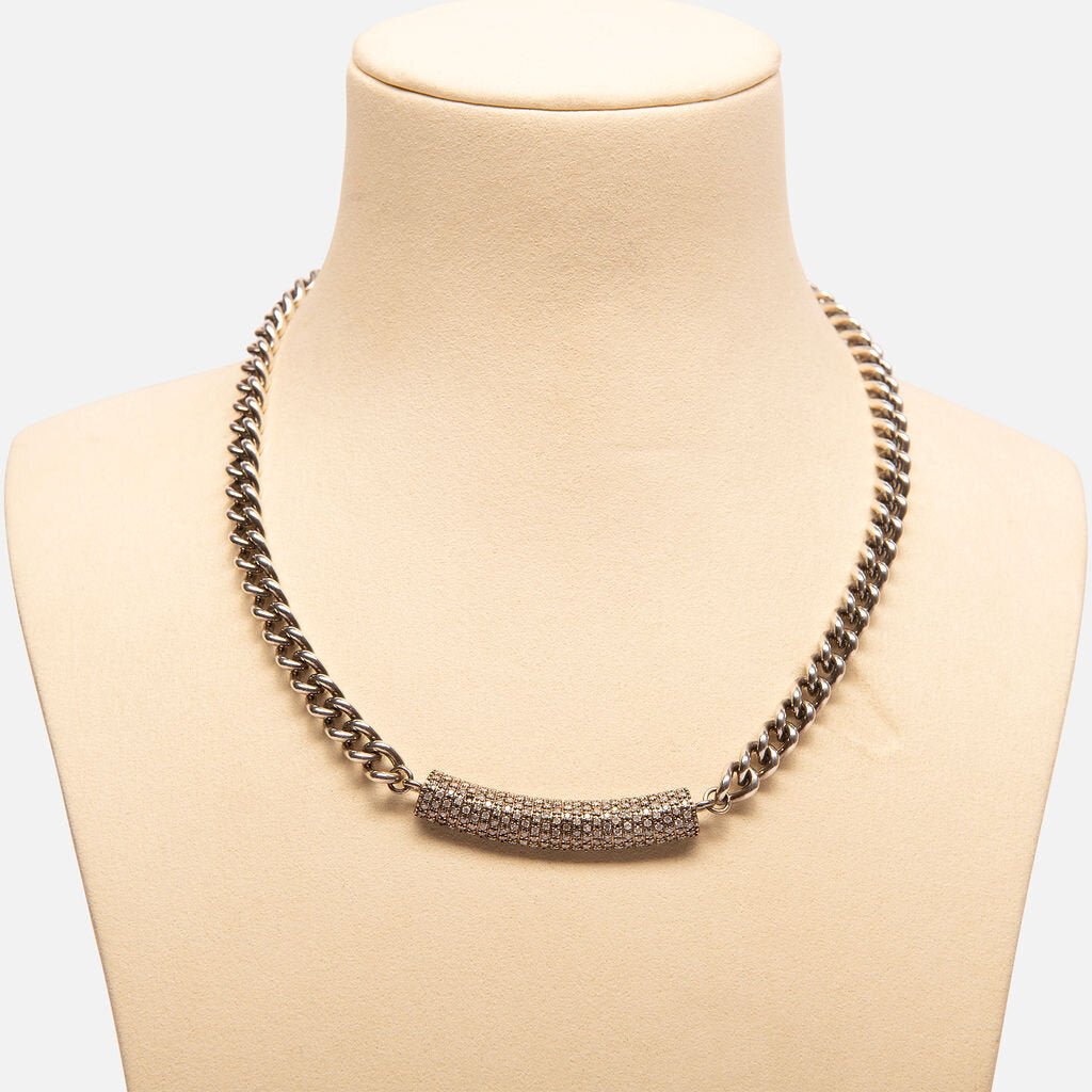 Sheryl Lowe Stearling Silver Diamond Curb & Diamond Roll Bar Necklace