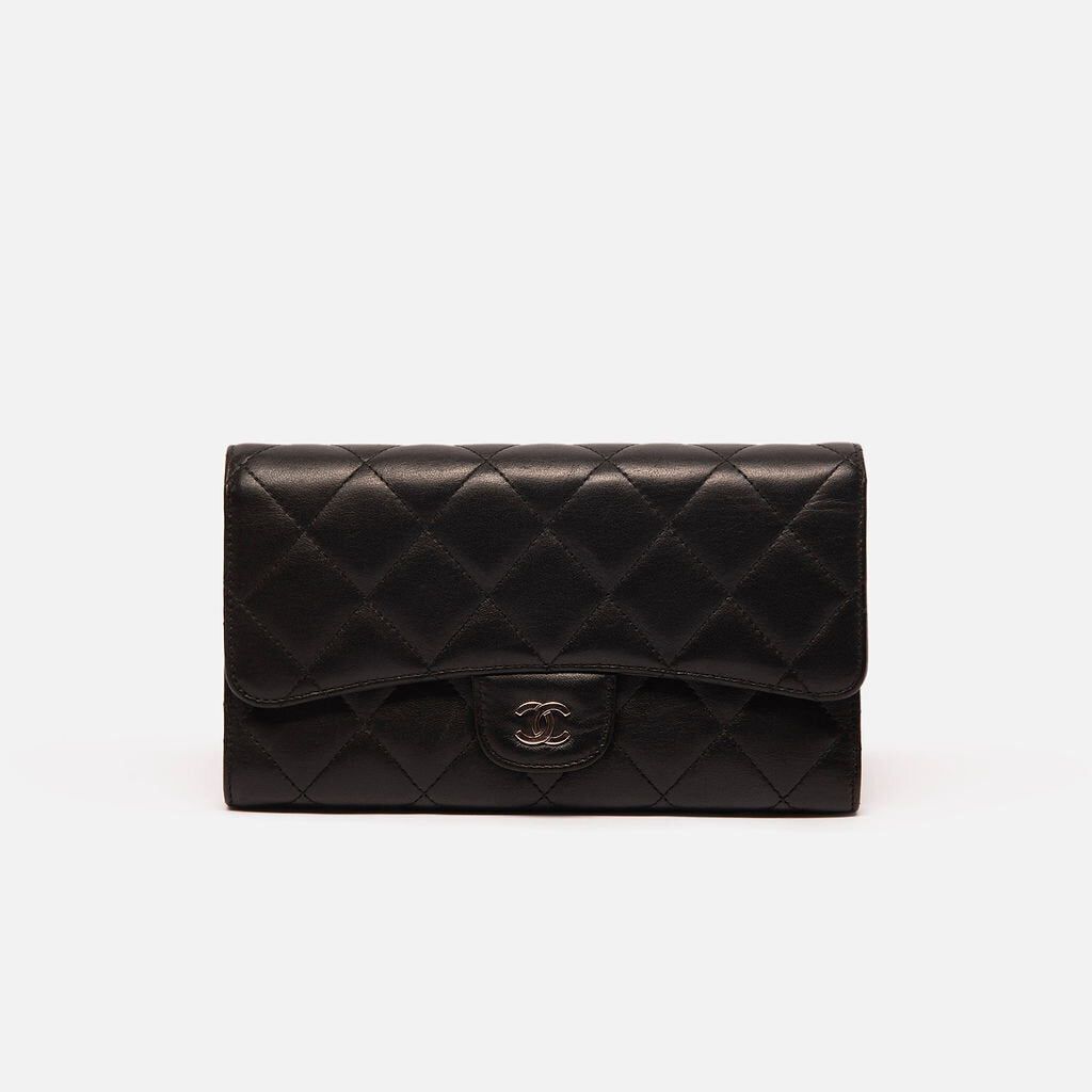 Chanel Lambskin Quilted Black Long Flap Wallet