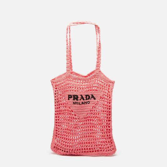 Prada Pink Raffia Crochet Tote Bag