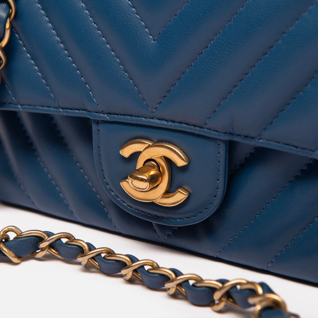 Chanel Chevron Edge Stitched Blue Rectangular Mini (27 Series)