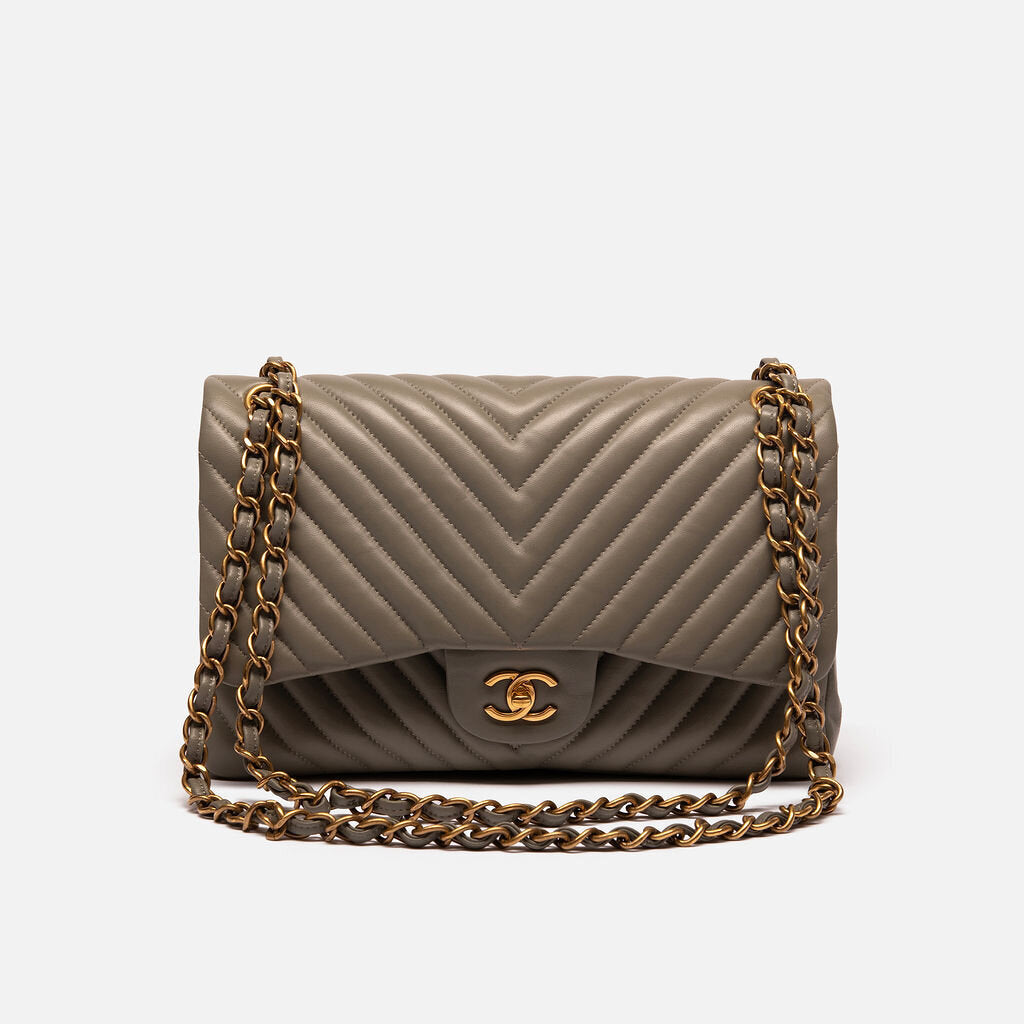 Chanel Grey Chevron Jumbo Classic Double Flap (21 Series)