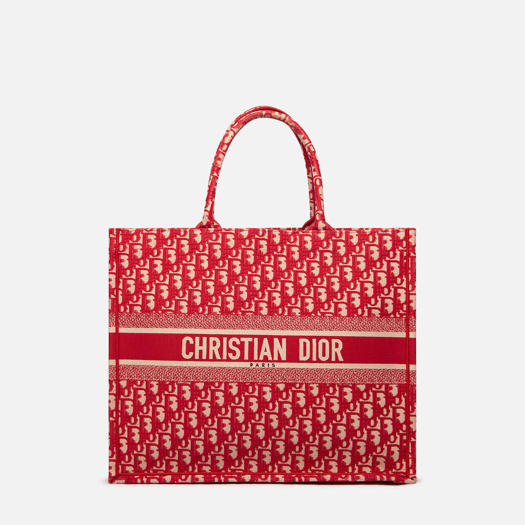 Christian Dior Red & White Oblique Canvas Book Tote