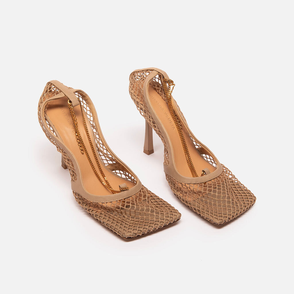 Bottega Veneta Tan Mesh Chained Heels