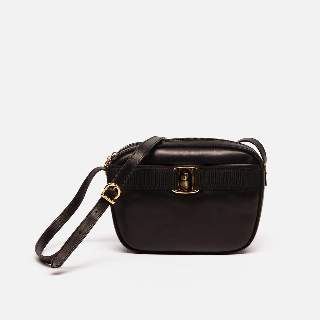 Ferragamo Black Leather Vara Round Crossbody