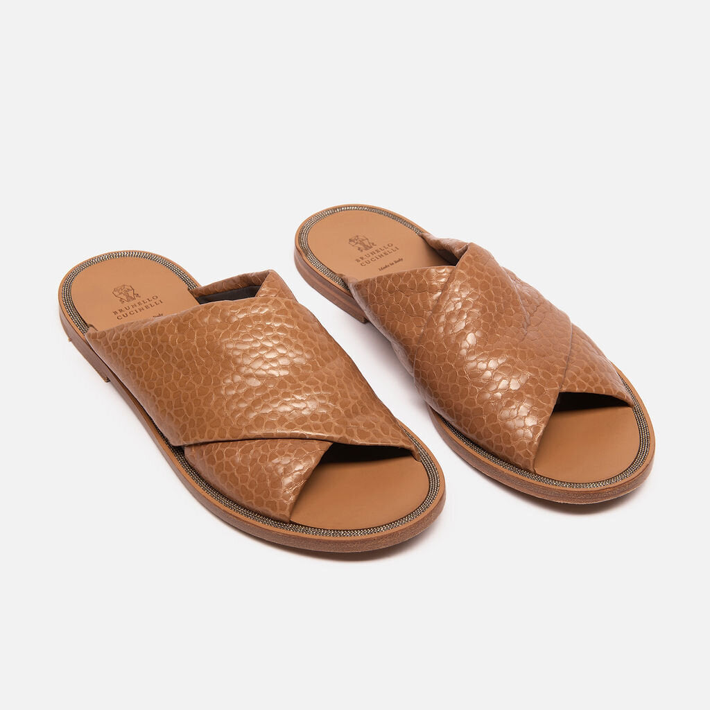 Brunello Cucinelli Brown Textured Criss Cross Sandal