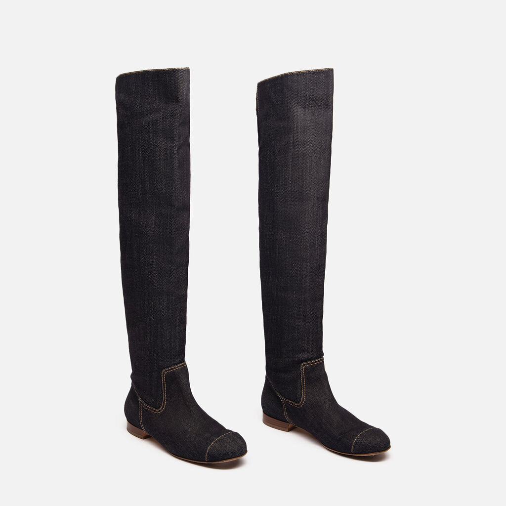 Chanel Blue Denim Knee High Boots