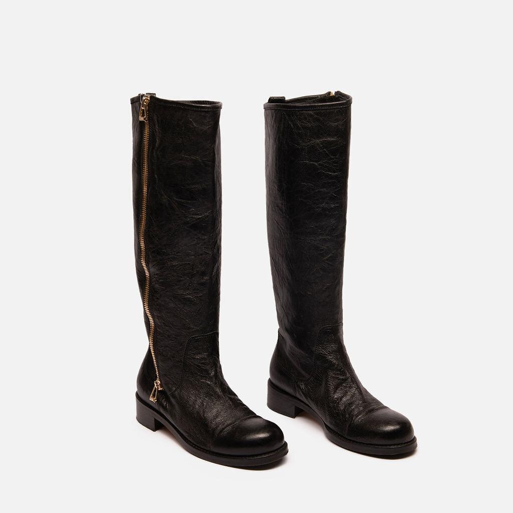 Jimmy Choo Black Crinkle Leather Knee High Boots