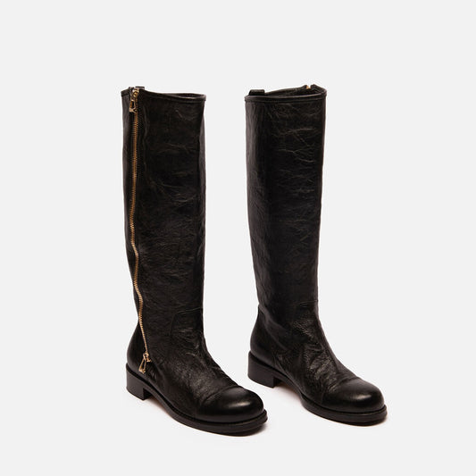 Jimmy Choo Black Crinkle Leather Knee High Boots