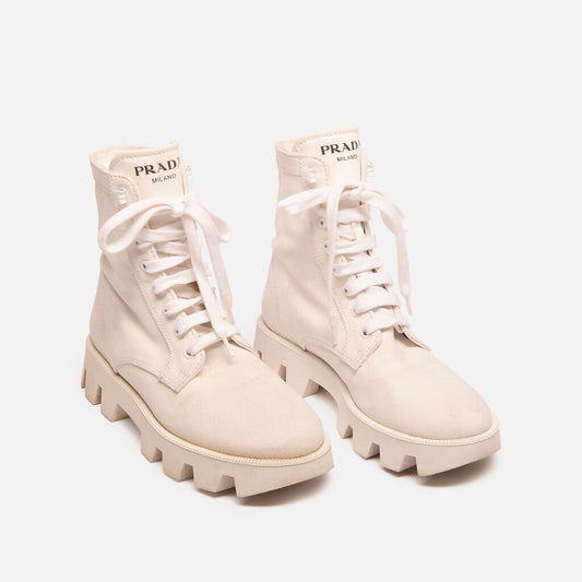 Prada White Canvas Lug Sole Boots