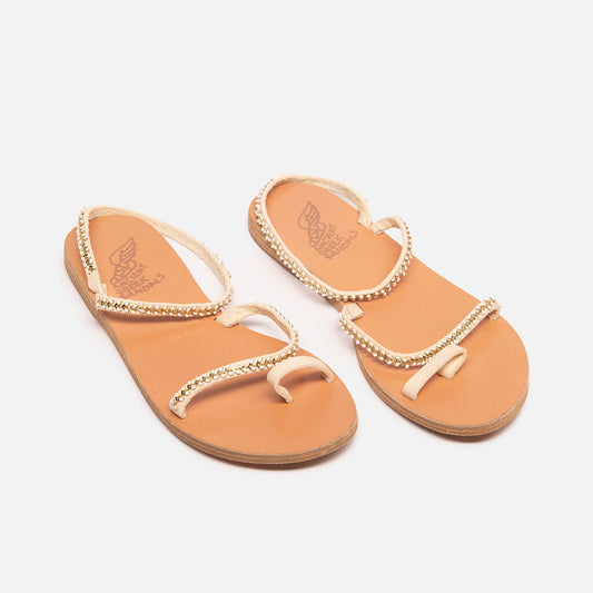Ancient Greek Sandals White Leather Beaded Sandals